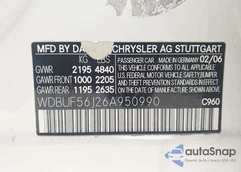 2006 Mercedes-Benz E 350 from USA, damaged, VIN WDBUF56J26A950990